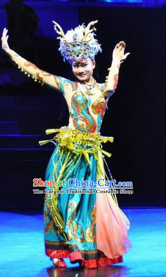 Chinese Jinxiu Shenzhou Classical Dance Ethnic Dance Green Dress Stage Performance Costume and Headpiece for Women