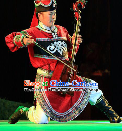 Chinese Impression of Going East To Native Land Mongol Nationality Stage Performance Folk Dance Red Costume for Men