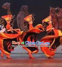 Chinese Impression of Lijiang Naxi Nationality Ethnic Dance Dress Stage Performance Costume and Headpiece for Women