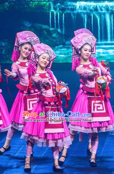 Chinese Impression of Lijiang Yi Nationality Ethnic Dance Rosy Dress Stage Performance Costume and Headpiece for Women