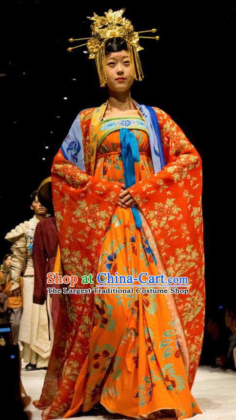 Chinese Encore Dunhuang Tang Dynasty Court Dance Orange Dress Stage Performance Costume and Headpiece for Women