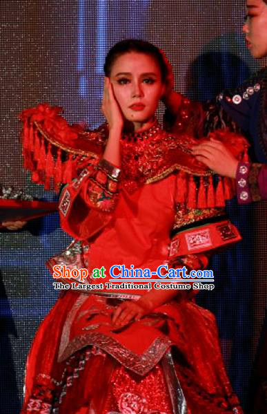 Chinese Jin Show Dan Zhai Miao Nationality Dance Wedding Red Dress Stage Performance Costume for Women