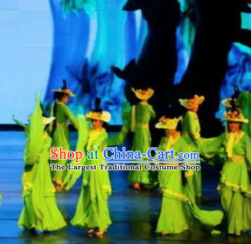 Chinese Picturesque Huizhou Opera Peri Classical Dance Green Dress Stage Performance Costume and Headpiece for Women