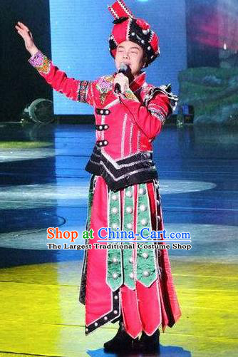 Chinese Charm Xiangxi Tujia Nationality Bridegroom Red Clothing Stage Performance Dance Costume for Men