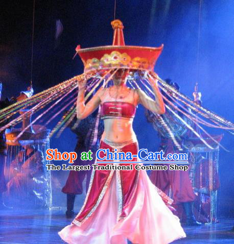 Chinese Oriental Apparel Dai Nationality Dance Rosy Dress Stage Performance Ethnic Costume and Headpiece for Women