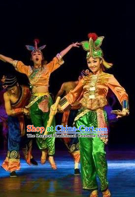 Chinese Oriental Apparel Nationality Dance Dress Stage Performance Costume and Headpiece for Women