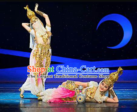 Chinese The Moon Rising On The Helan Mountain Hui Nationality Ethnic Dance White Dress Stage Performance Costume and Headpiece for Women