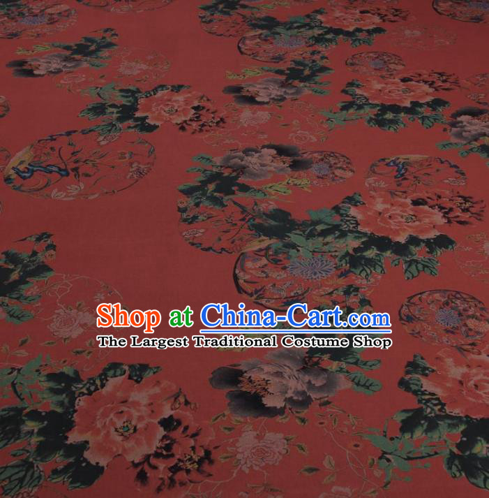 Traditional Chinese Classical Flowers Pattern Rust Red Gambiered Guangdong Gauze Silk Fabric Ancient Hanfu Dress Silk Cloth