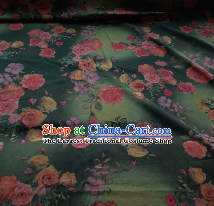 Traditional Chinese Classical Roses Pattern Green Gambiered Guangdong Gauze Silk Fabric Ancient Hanfu Dress Silk Cloth