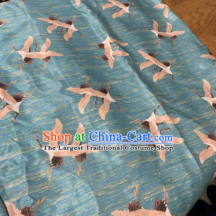 Chinese Classical Cranes Pattern Blue Silk Fabric Traditional Ancient Hanfu Dress Brocade Cloth