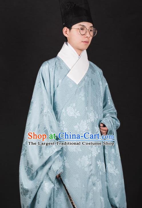 Chinese Traditional Ming Dynasty Taoist Priest Hanfu Green Robe Ancient Scholar Costume for Men