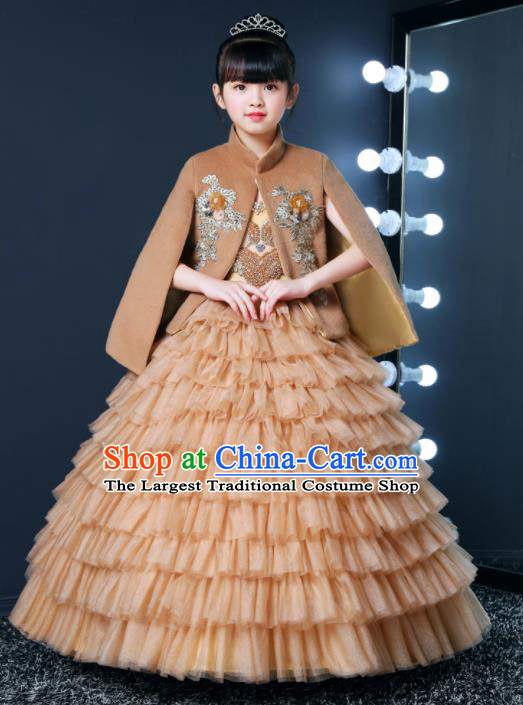 Top Grade Children Day Dance Performance Golden Veil Dress Kindergarten Girl Stage Show Costume for Kids