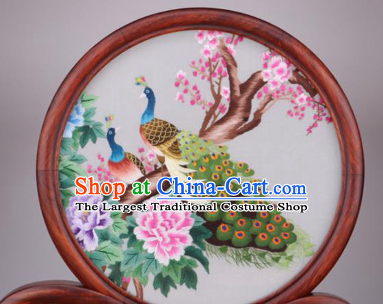 Chinese Traditional Suzhou Embroidery Peacock Peony Desk Folding Screen Embroidered Rosewood Decoration Embroidering Craft