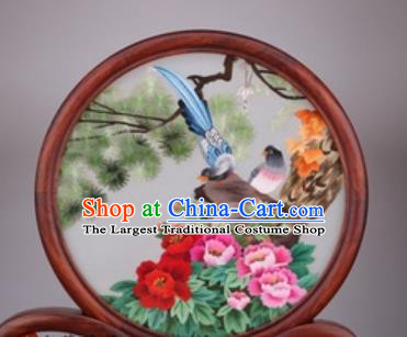 Chinese Traditional Suzhou Embroidery Peony Birds Desk Folding Screen Embroidered Rosewood Decoration Embroidering Craft