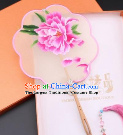 Chinese Traditional Suzhou Embroidery Pink Peony Palace Fans Embroidered Fans Embroidering Craft