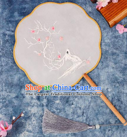 Chinese Traditional Handmade Embroidery White Deer Round Fan Embroidered Palace Fans