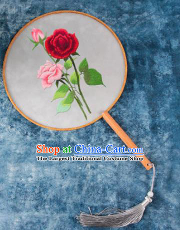 Chinese Traditional Handmade Embroidery Roses Round Fan Embroidered Palace Fans