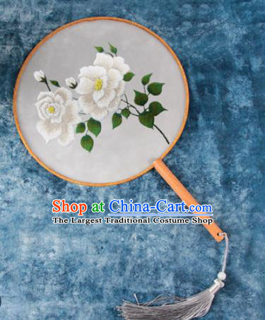 Chinese Traditional Handmade Embroidery White Peony Round Fan Embroidered Palace Fans