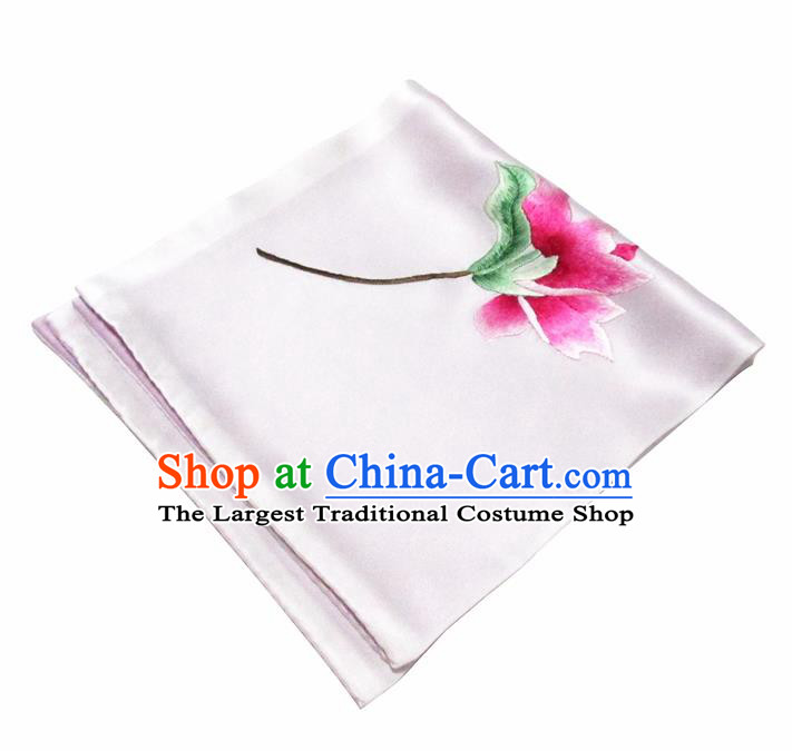 Chinese Traditional Handmade Embroidery Magnolia White Silk Handkerchief Embroidered Hanky Suzhou Embroidery Noserag Craft