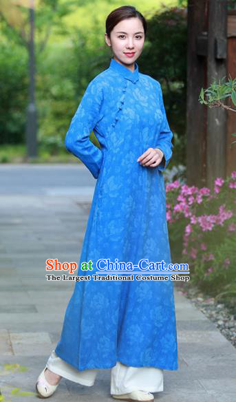 Chinese Traditional Martial Arts Blue Qipao Dress Tang Suit Kung Fu Tai Chi Costume for Women