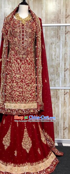 South Asia  Indian Court Bride Red Costumes Traditional   India Wedding Luxury Embroidered Dress for Women