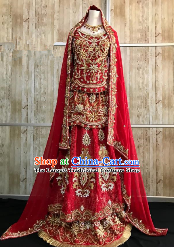 South Asia  Indian Bride Red Dress Traditional   India Hui Nationality Wedding Luxury Embroidered Costumes for Women