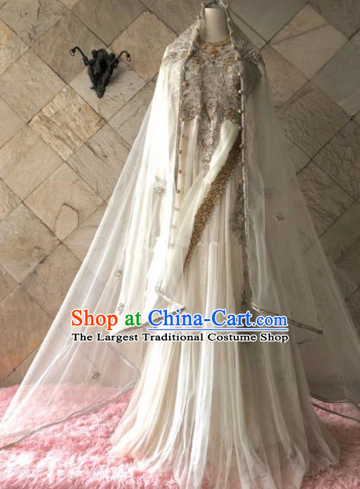 Asian  Indian Court Bride Embroidered White Wedding Dress Traditional   India Hui Nationality Costumes for Women