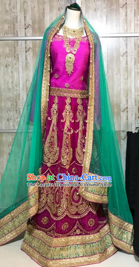 South Asia  Indian Court Queen Rosy Embroidered Dress Traditional   India Hui Nationality Bride Wedding Costumes for Women