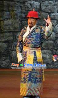 Lang SaWenBo Traditional Chinese Tibetan Nationality Chieftain Stage Performance Royalblue Costumes and Headwear for Men