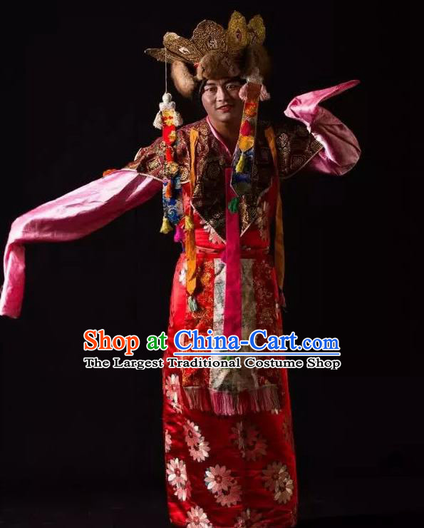 Lang SaWenBo Traditional Chinese Tibetan Nationality Stage Performance Red Costumes and Headwear for Men