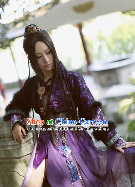 Traditional Chinese Cosplay Female Swordsman Purple Dress Ancient Heroine Costume for Women