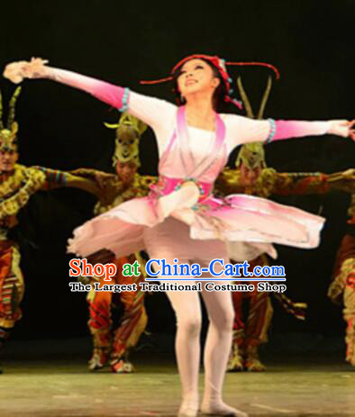Chinese Tamrac Heaven Zang Nationality Dance Pink Dress Stage Performance Costume and Headpiece for Women