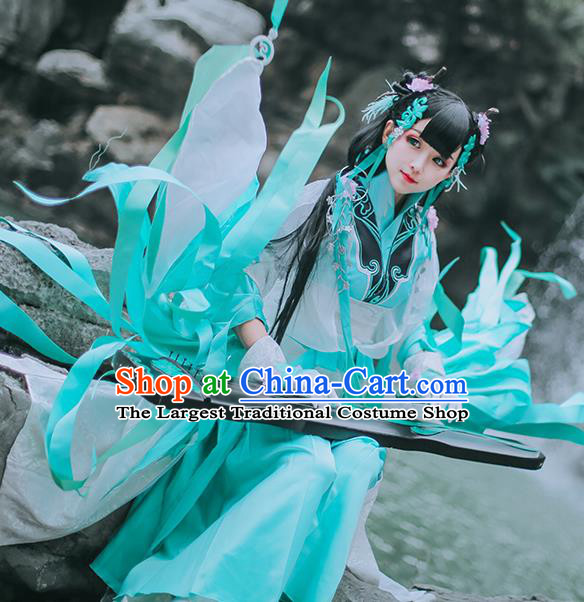 Traditional Chinese Cosplay Swordswoman Green Dress Ancient Fairy Princess Costume for Women