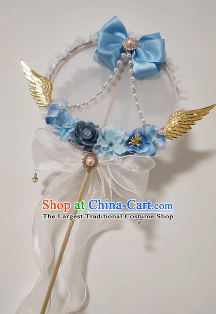 Handmade Chinese Silk Palace Fans Wedding Blue Roses Round Fan for Women