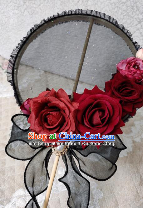 Handmade Chinese Black Silk Palace Fans Wedding Roses Round Fan for Women