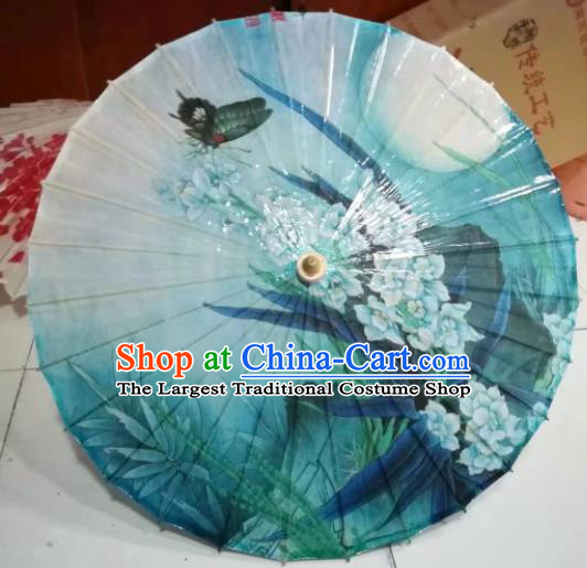 Chinese Handmade Printing Flowers Butterfly Blue Oil Paper Umbrella Traditional Umbrellas