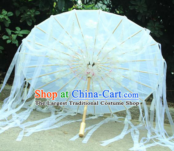 Handmade Chinese White Flowers Ribbon Silk Umbrella Traditional Classical Dance Decoration Umbrellas