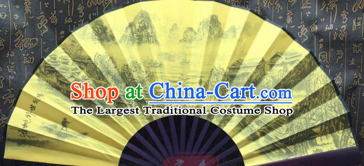 Chinese Handmade Painting Landscape Yellow Silk Fans Traditional Decoration Folding Fan