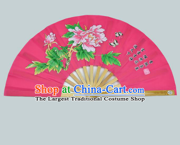 Chinese Handmade Printing Peony Rosy Kung Fu Fans Accordion Fan Traditional Decoration Folding Fan