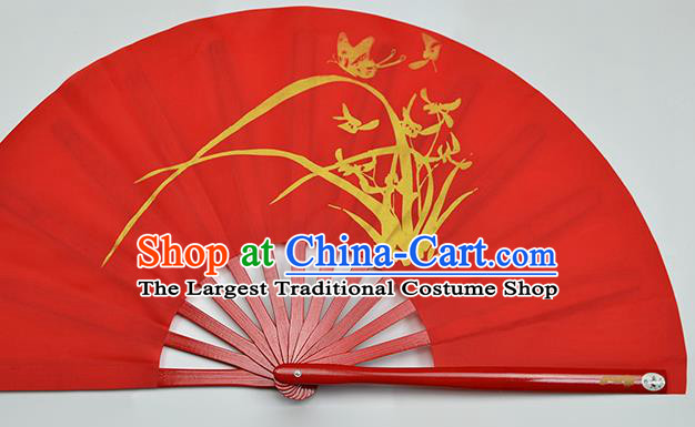 Chinese Handmade Printing Orchid Red Kung Fu Fans Accordion Fan Traditional Decoration Folding Fan