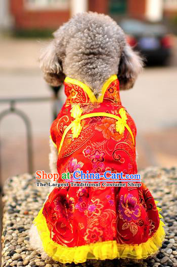 Traditional Asian Chinese Pets Clothing Dog Winter Red Brocade Dress Costumes for New Year