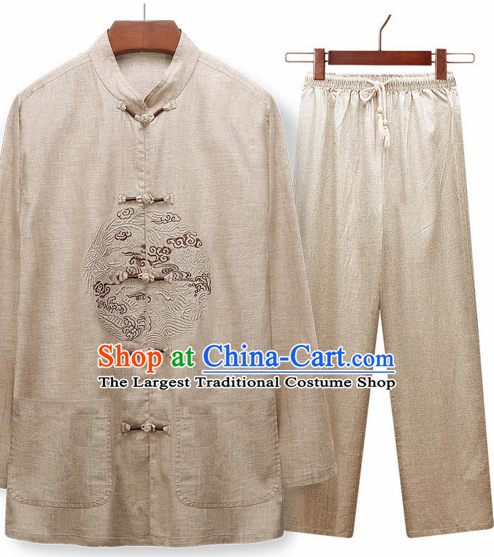 Traditional Chinese Tang Suit Embroidered Khaki Silk Outfits Tai Chi Training Costumes for Old Men