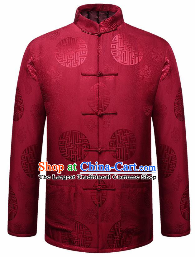 Traditional Chinese Lucky Pattern Red Brocade Cotton Padded Coat New Year Tang Suit Overcoat for Old Men