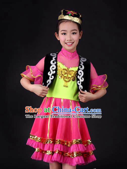 Traditional Chinese Child Xinjiang Uyghur Nationality Rosy Dress Ethnic Minority Folk Dance Costume for Kids