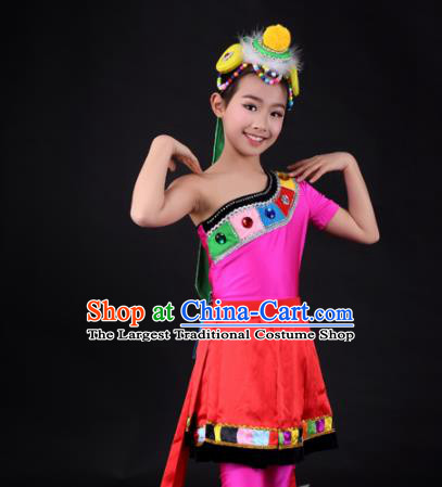 Traditional Chinese Child Zang Nationality Red Dress Ethnic Minority Folk Dance Costume for Kids