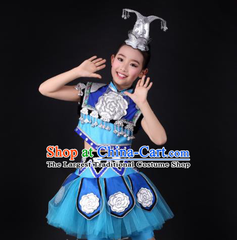 Traditional Chinese Child Miao Nationality Blue Skirt Ethnic Minority Folk Dance Costume and Headpiece for Kids