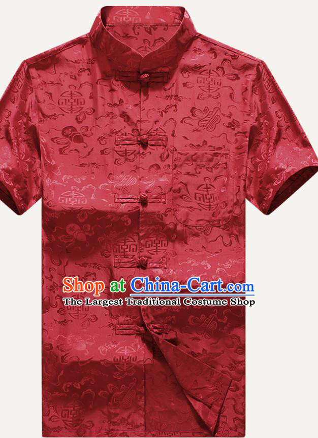 Traditional Chinese Tang Suit Red Silk Shirt Tai Chi Training Costumes for Old Men