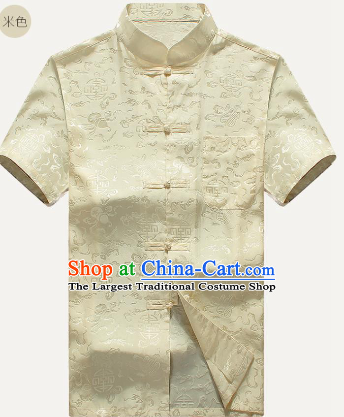 Traditional Chinese Tang Suit Beige Silk Shirt Tai Chi Training Costumes for Old Men