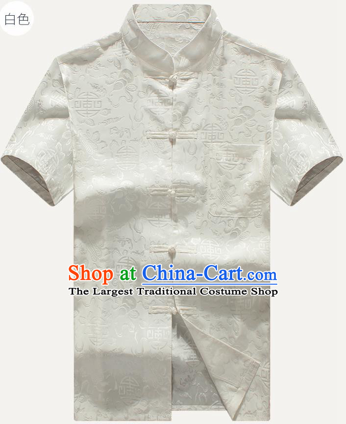 Traditional Chinese Tang Suit White Silk Shirt Tai Chi Training Costumes for Old Men