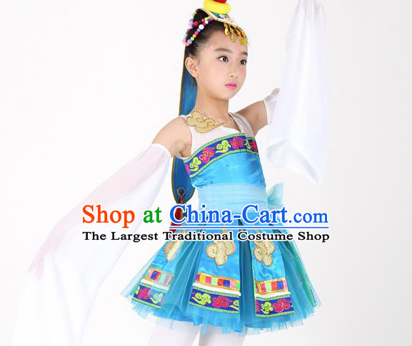 Traditional Chinese Child Mongol Nationality Blue Dress Ethnic Minority Folk Dance Costume for Kids
